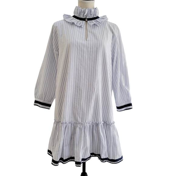 Tuckernuck Ruffle Neck Tiered Mini Dress Chic Striped Shirtdress Tunic Resort - Picture 1 of 15